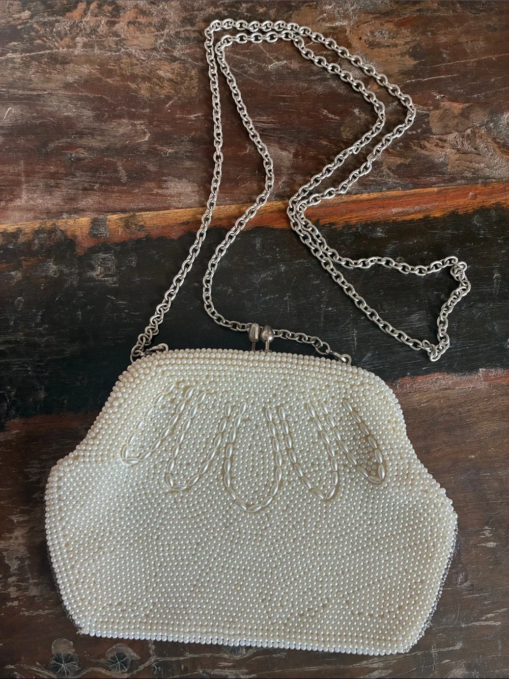 Beaded Pearl Evening Crossbody Bag with Silver Chain